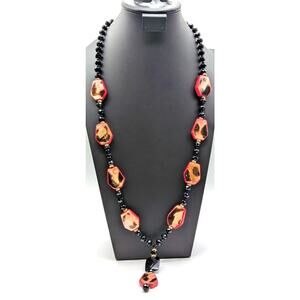 Chico's Collectibles Black Glass Red Lucite Animal Print Shell Dangle Necklace